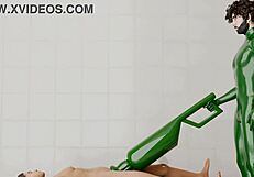 Guy uses rotating machine on another guy