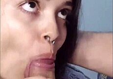 Young girl performs deep blowjob and swallows completely