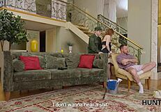 hunt4k ex-military cuckold surrenders shaved pussy on sofa