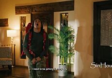 busty redhead caretaker catches guy masturbating on sofa