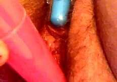 Rubbing hairy pussy with cum masturbation