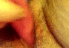 Rubbing hairy pussy with cum masturbation