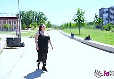 BBW MILF Mae Quira polls strangers about big tits outdoors.