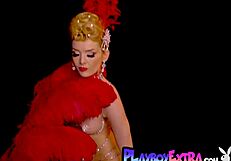 miranda shines in slutty burlesque, stripping and ripping clothes off her big tits!