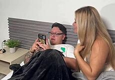 Stepmother fucks stepson roughly while husband rests nearby