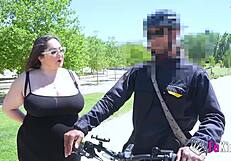 BBW MILF Mae Quira polls strangers about big tits outdoors.