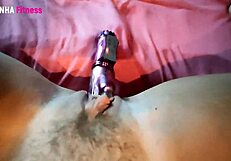 Athletic curvy babe boldly licks shaved pussy with toys until orgasm.