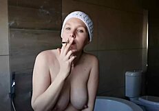 cute brunette smoking with big tits