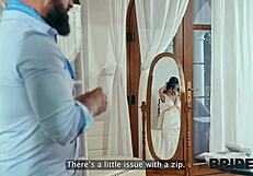 Gorgeous young bride jumped on big dick while groom waited.