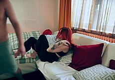 Annoyed redhead gets pussy fucked hard on couch