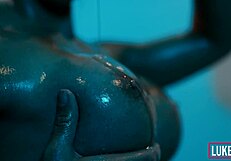 big boobs fitness model oiled up and covered in cum