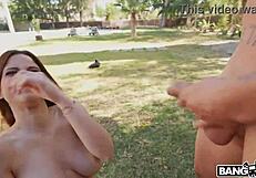 Intense outdoor sex after striptease game.