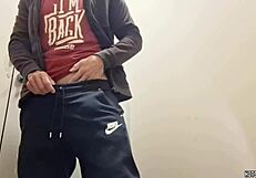 Solo hunky stud with big cock gets naughty in public bathroom