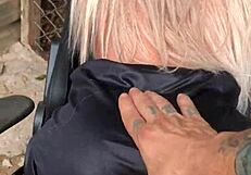 woman gifts husband with little blonde sex toy