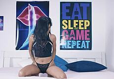 Desi Devi former TV-host in bdsm blowjob with big black cock cumshot facial