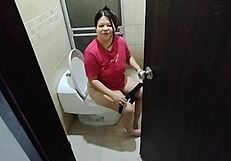 I spied on my stepsister in the bathroom. She forced me to fuck her big ass.