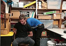 Female LP officer feeds pussy to male suspect in office interrogation