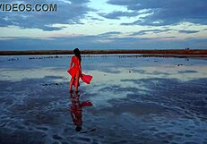 Walking in red sunset at Elton Salt Lake.