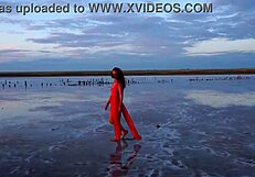 Walking in red sunset at Elton Salt Lake.