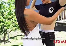 Japanese chick in ripped jeans kaede kuroki takes two dicks