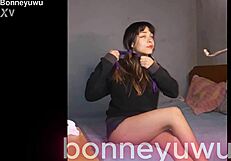 bonneyuwu, the cute argentinian teen, masturbates solo on her bed with a see-through dildo
