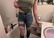 Amateur experiences pee desperation and golden shower in shower