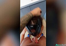 This babe is deepthroating a big cock and taking it doggystyle in the kitchen