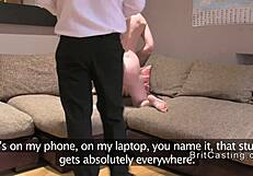 Small tits blonde performs rimming on fake agent in UK