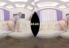 Blonde teen explores vr piss play and dildo action