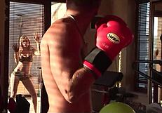 Boxing practice ends early so that the blonde and brunette can have anal group sex