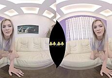 Blonde teen explores vr piss play and dildo action