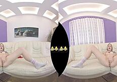 Blonde teen explores vr piss play and dildo action