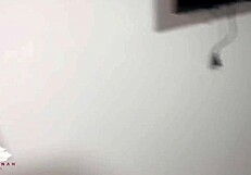 chubby blonde contrasts with young guy in laundry room sex