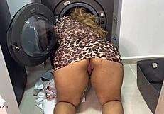 chubby blonde contrasts with young guy in laundry room sex