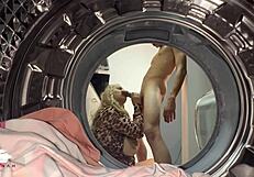 chubby blonde contrasts with young guy in laundry room sex