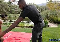 Ebony bbw fiercely sucks and rides cock outdoors