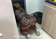 chubby blonde contrasts with young guy in laundry room sex