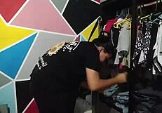 while organizing clothes, my horny neighbor arrives and starts groping my ass