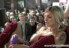 filthy blonde slut rubbing her twat in public outdoor striptease