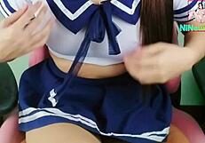 japanese school girl cosplay shows sex with dildo and orgasm