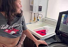 two lesbians having silent sex in the kitchen