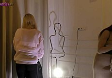 skinny girl meets lesbian girlfriend for fake porn shoot without panties