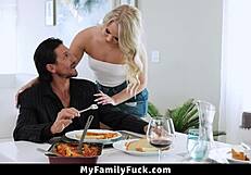 Hot 18+ stepdaughter sucks her stepdad's cock under the table in myfamilyfuck