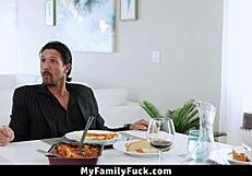 Hot 18+ stepdaughter sucks her stepdad's cock under the table in myfamilyfuck