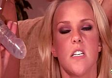 Friends engage in lesbian group sex with strap-ons, licking pussies and double penetration.