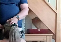 Bound slave endures ice and blowjob