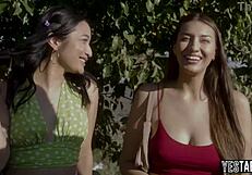 Celebirty guide has a threesome with two busty stepsisters