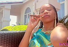 Smoker Beauty Jenna Foxx Rubs Her Horny Trimmed Pussy Outdoors