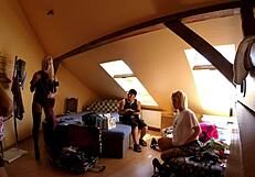 Big dick blowjob threesome party backstage with school skirts, stockings, and high heels