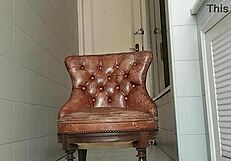 Guy of Big Dick Takes Armchair to Bathroom and Masturbates